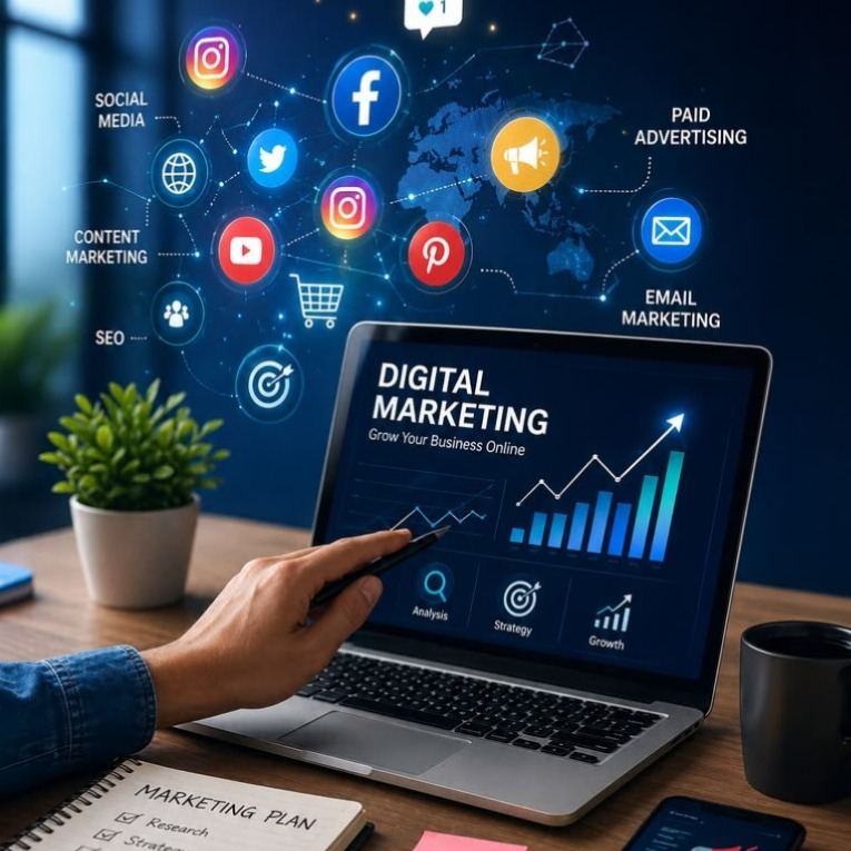 Panel de estrategia de marketing digital con métricas de crecimiento